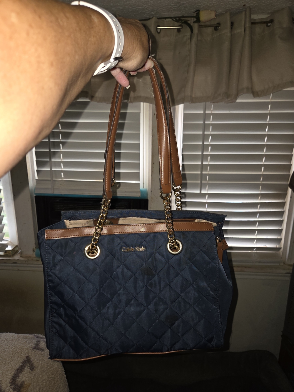 Calvin Klein Navy Quilted Tote with Brown Trim and Gold Hardware